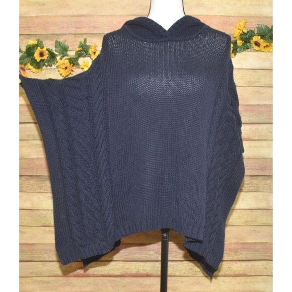 Banana Republic Womens Blue Cable Knit Petite M/L Hooded Poncho Sweater Pullover - Picture 7 of 10